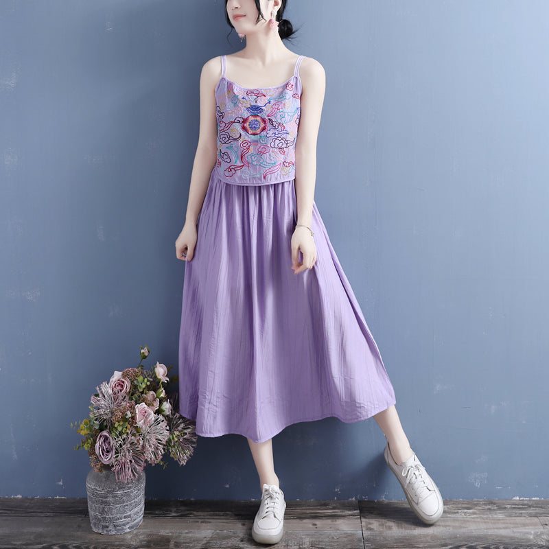 Summer Vintage Brodery Cotton Lin Slip Dress