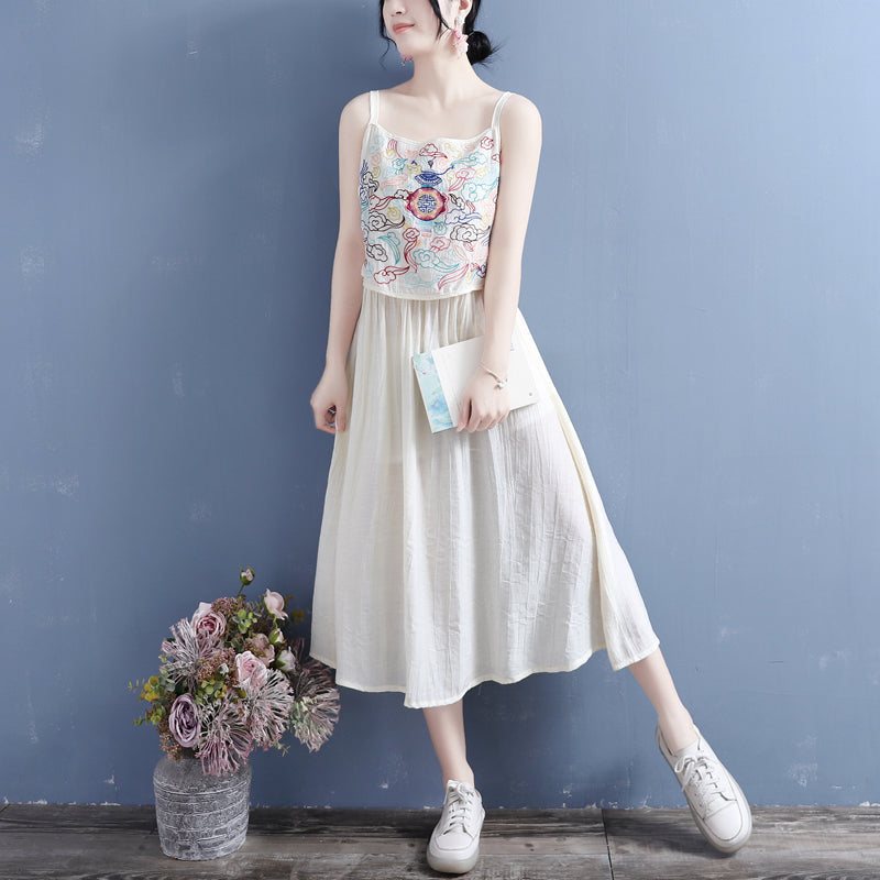 Summer Vintage Brodery Cotton Lin Slip Dress