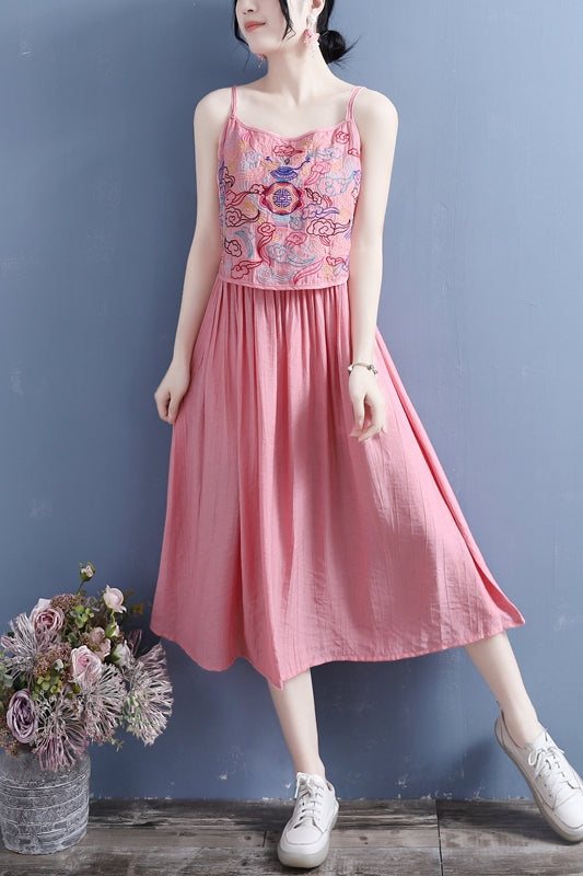 Summer Vintage Brodery Cotton Lin Slip Dress