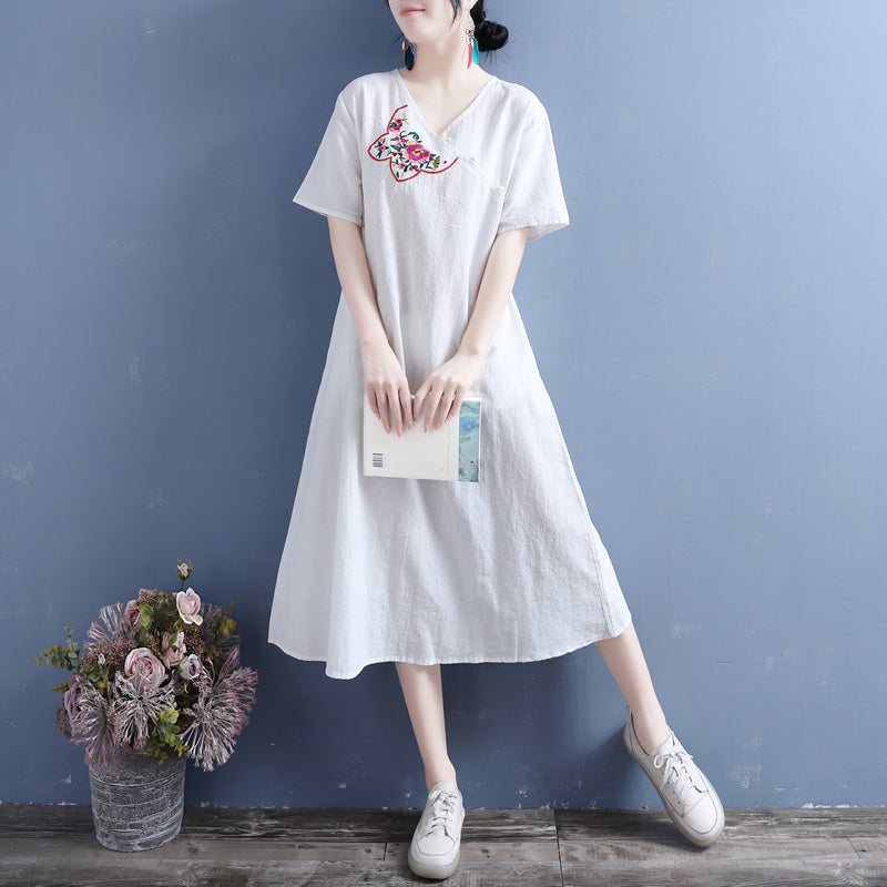 Summer Vintage Brodery Cotton Linen Dress