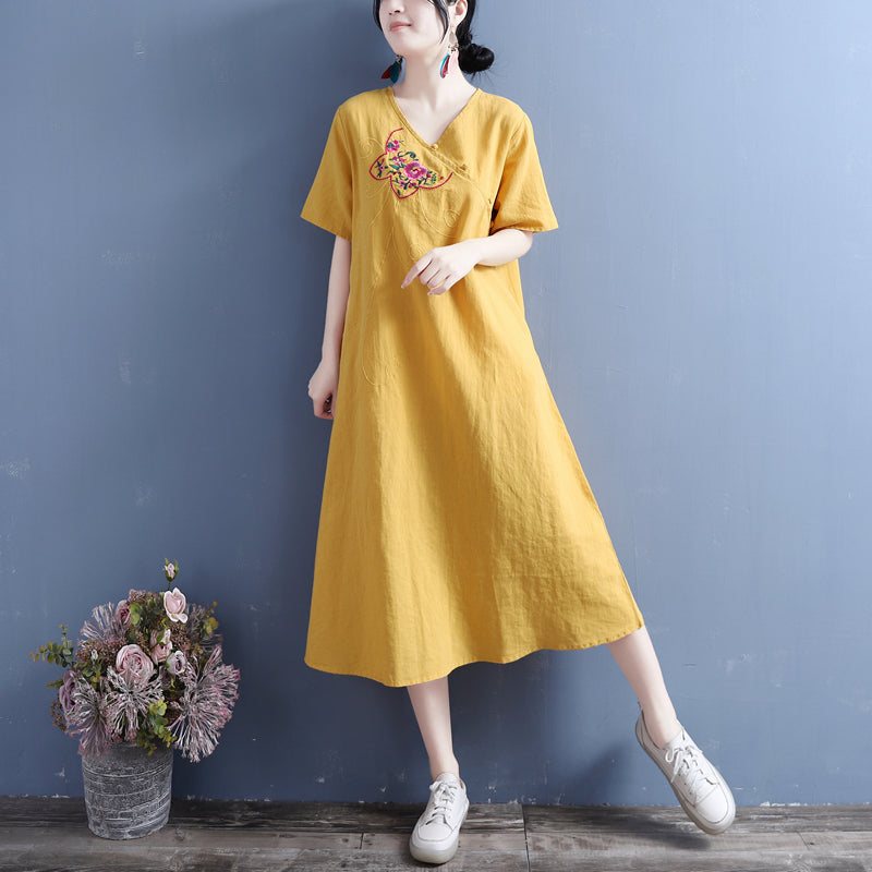 Summer Vintage Brodery Cotton Linen Dress