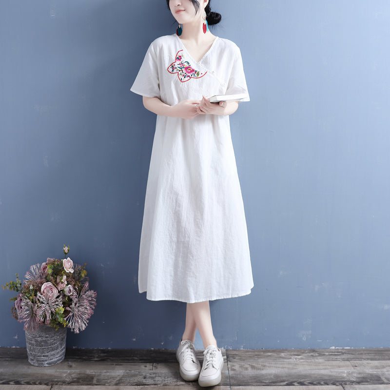 Summer Vintage Brodery Cotton Linen Dress