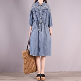 Summer Vintage Casual Cotton Denim Knelengde Kjole