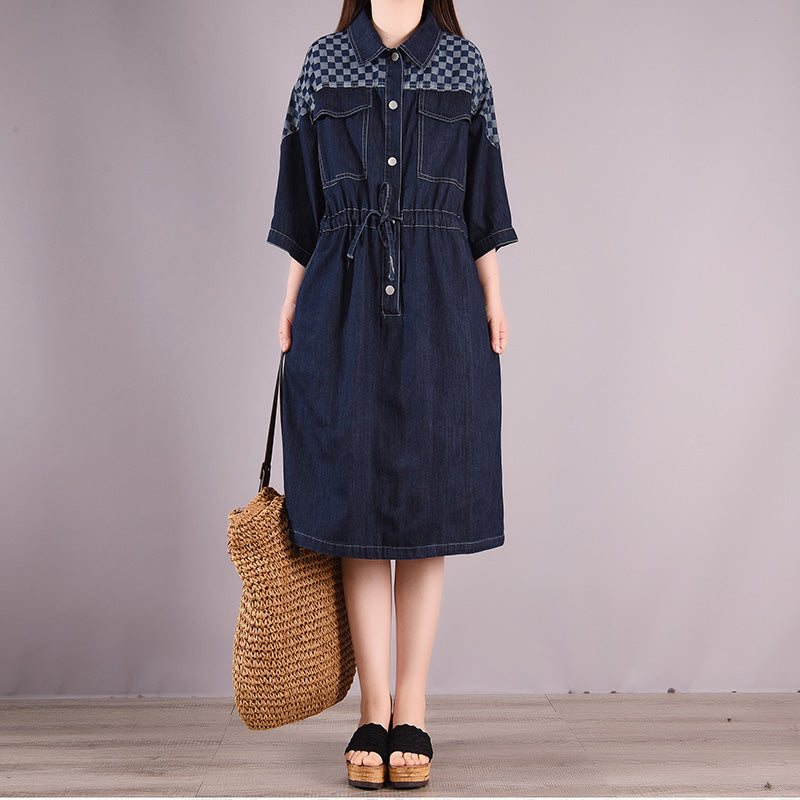 Summer Vintage Casual Cotton Denim Knelengde Kjole