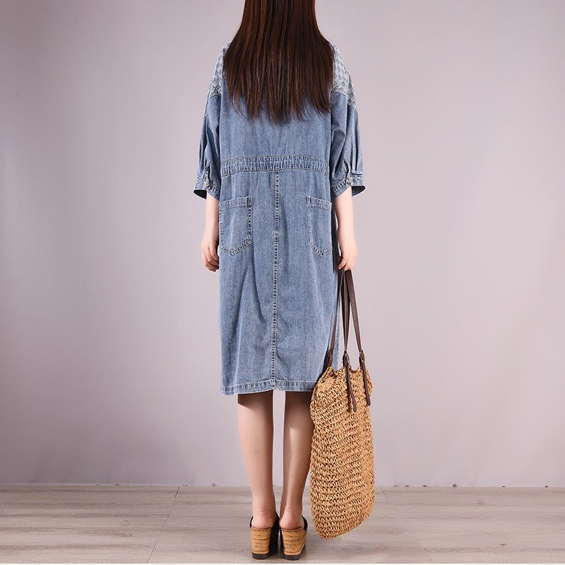 Summer Vintage Casual Cotton Denim Knelengde Kjole