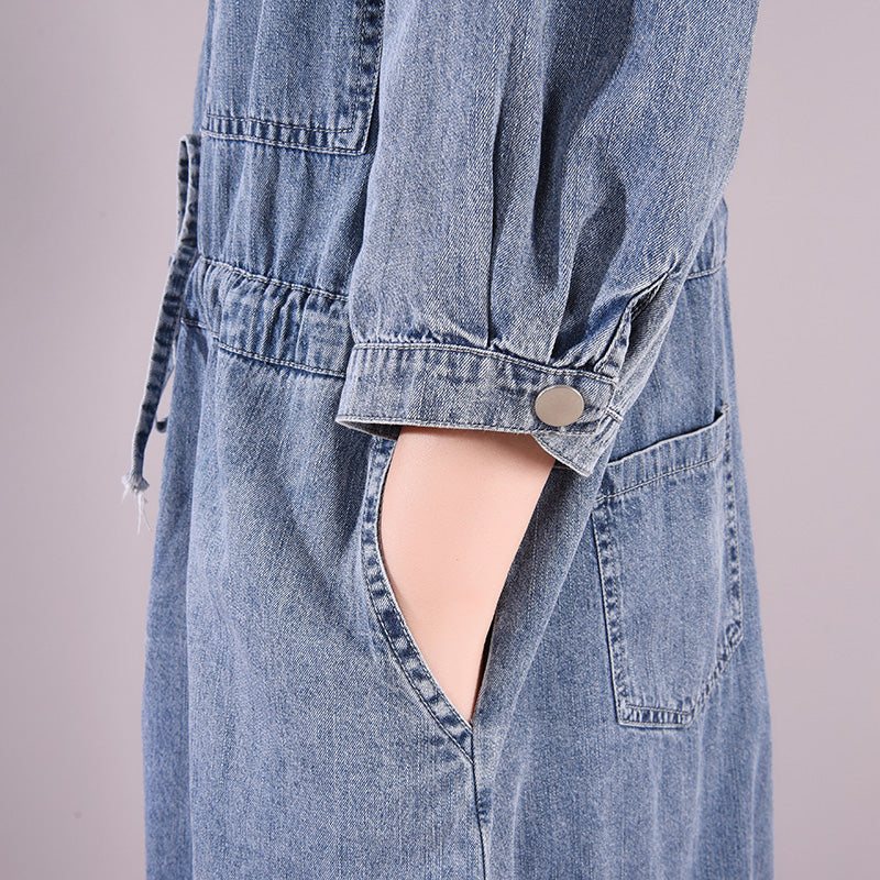 Summer Vintage Casual Cotton Denim Knelengde Kjole