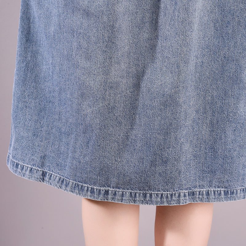 Summer Vintage Casual Cotton Denim Knelengde Kjole