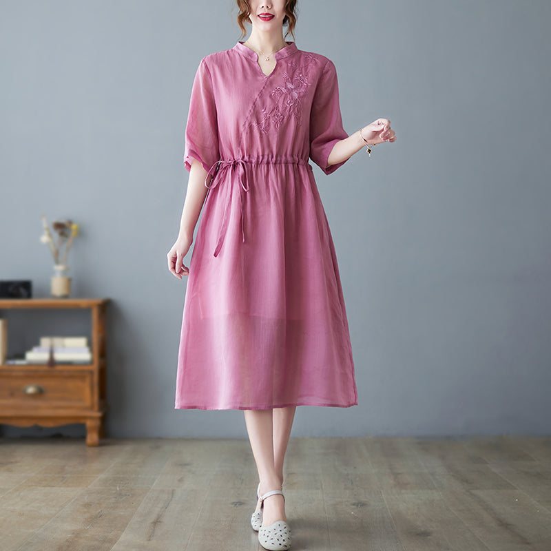 Summer Vintage Casual Floral Brodery Cotton Linen Dress