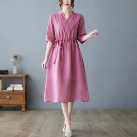 Summer Vintage Casual Floral Brodery Cotton Linen Dress