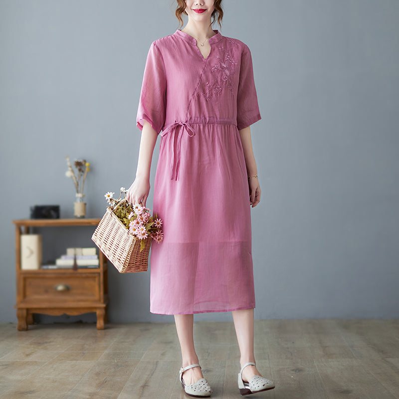 Summer Vintage Casual Floral Brodery Cotton Linen Dress