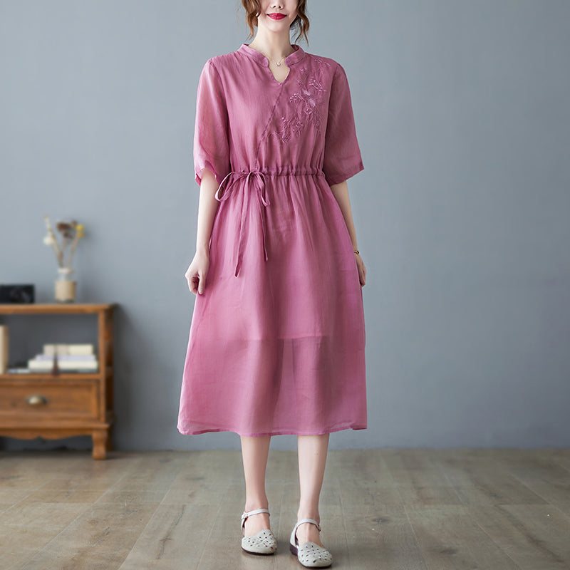 Summer Vintage Casual Floral Brodery Cotton Linen Dress