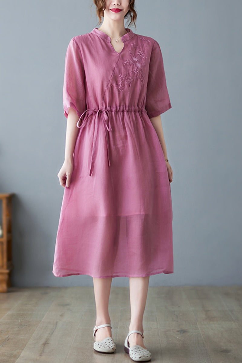 Summer Vintage Casual Floral Brodery Cotton Linen Dress