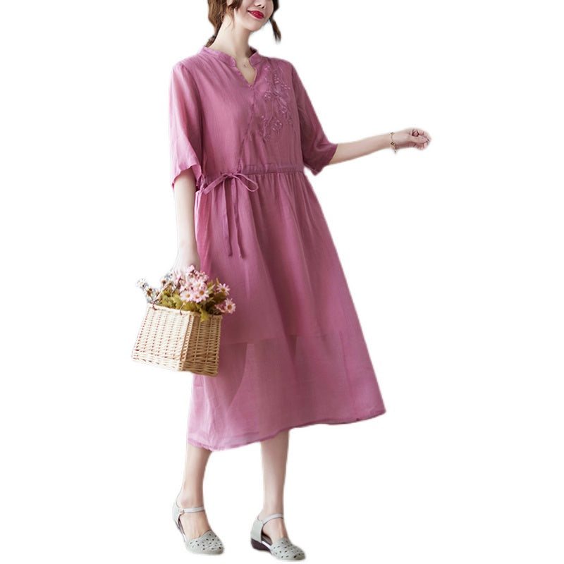 Summer Vintage Casual Floral Brodery Cotton Linen Dress