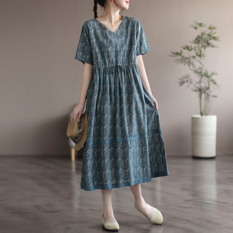 Summer Vintage Cotton Linen Floral Dress