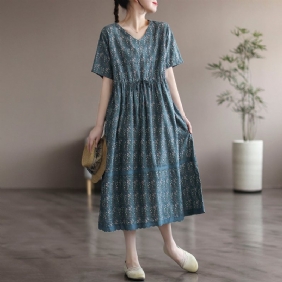 Summer Vintage Cotton Linen Floral Dress