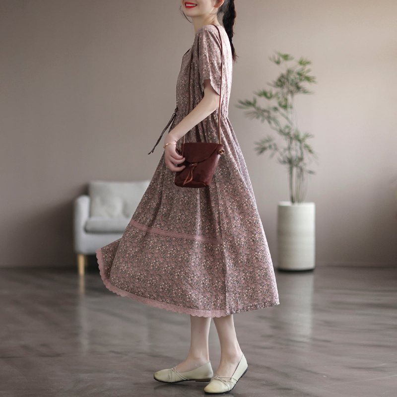 Summer Vintage Cotton Linen Floral Dress