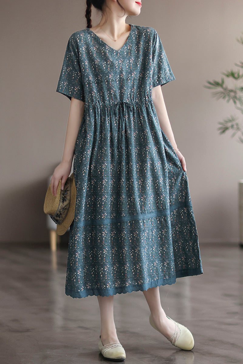 Summer Vintage Cotton Linen Floral Dress