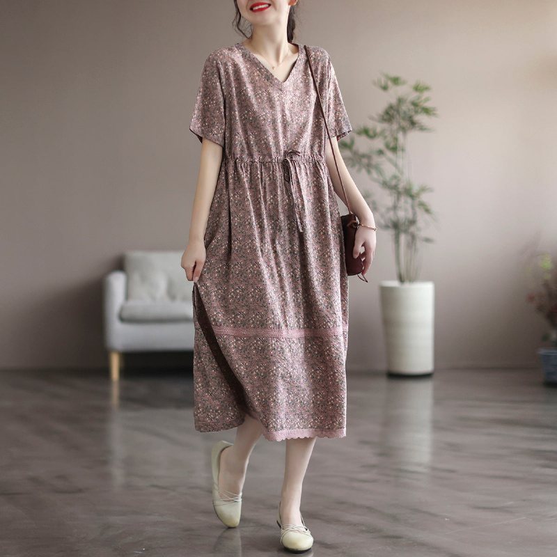 Summer Vintage Cotton Linen Floral Dress