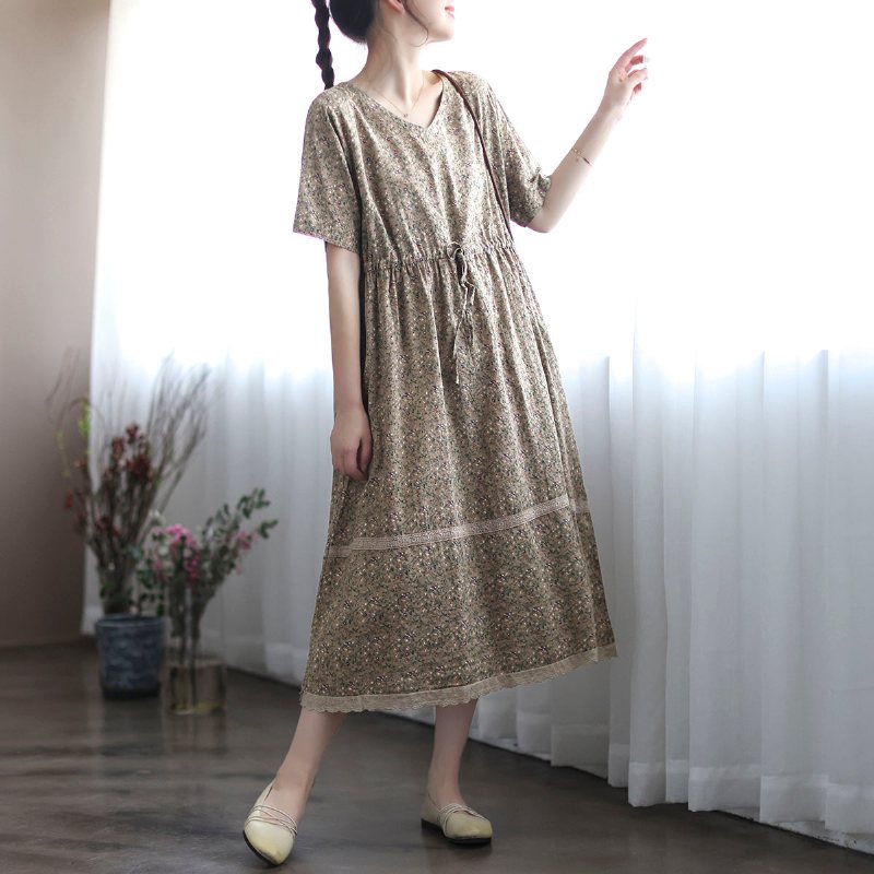 Summer Vintage Cotton Linen Floral Dress