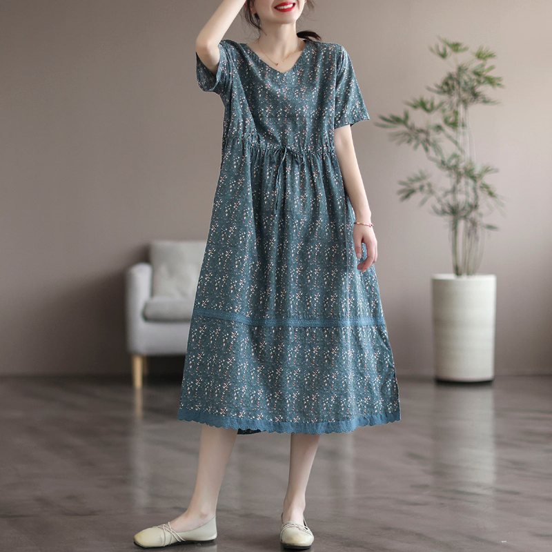 Summer Vintage Cotton Linen Floral Dress