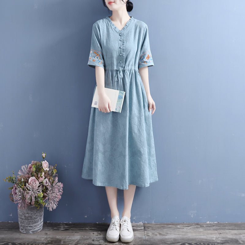 Summer Vintage Floral Cotton Linen Dress