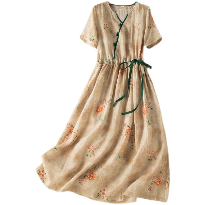 Summer Vintage Floral Linen Dress