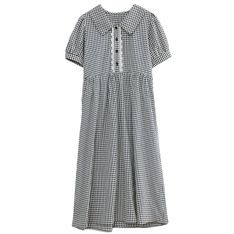 Summer Vintage Polo Collar Rutete Midi-kjole