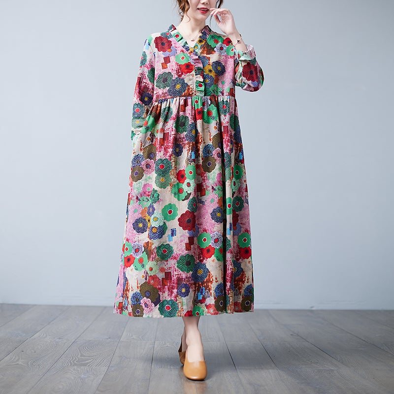 Vår Retro V-hals Blomster Løs Plus Size Casual Dress