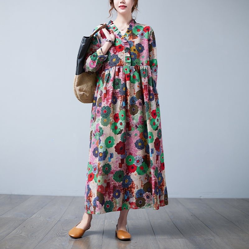 Vår Retro V-hals Blomster Løs Plus Size Casual Dress