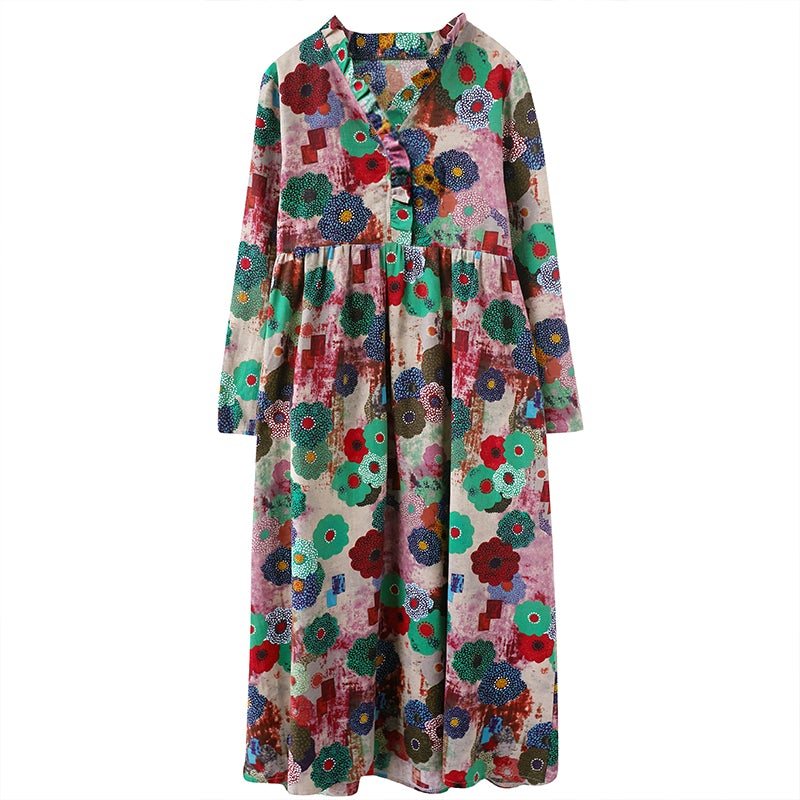 Vår Retro V-hals Blomster Løs Plus Size Casual Dress