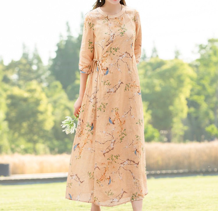 Vår Sommer Retro Løs Linen Floral Kjole