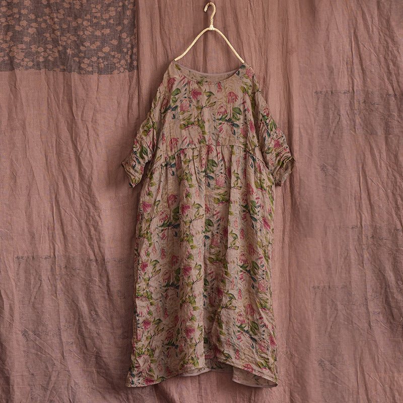 Vår Sommer Vintage Floral Lin Løs Kjole