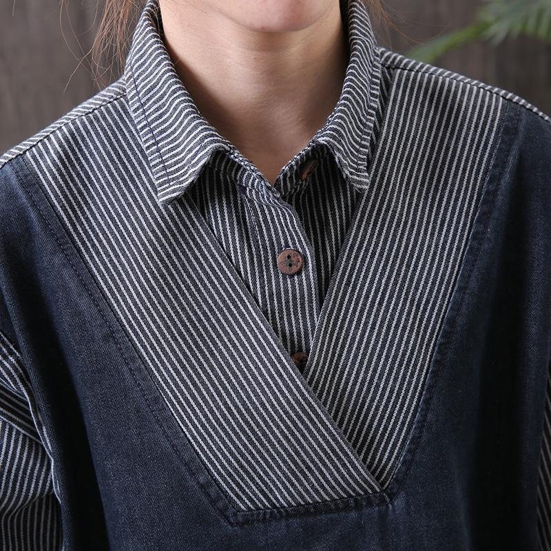 Vintage Denim Skjøtestripe Midi Kortermet Kjole