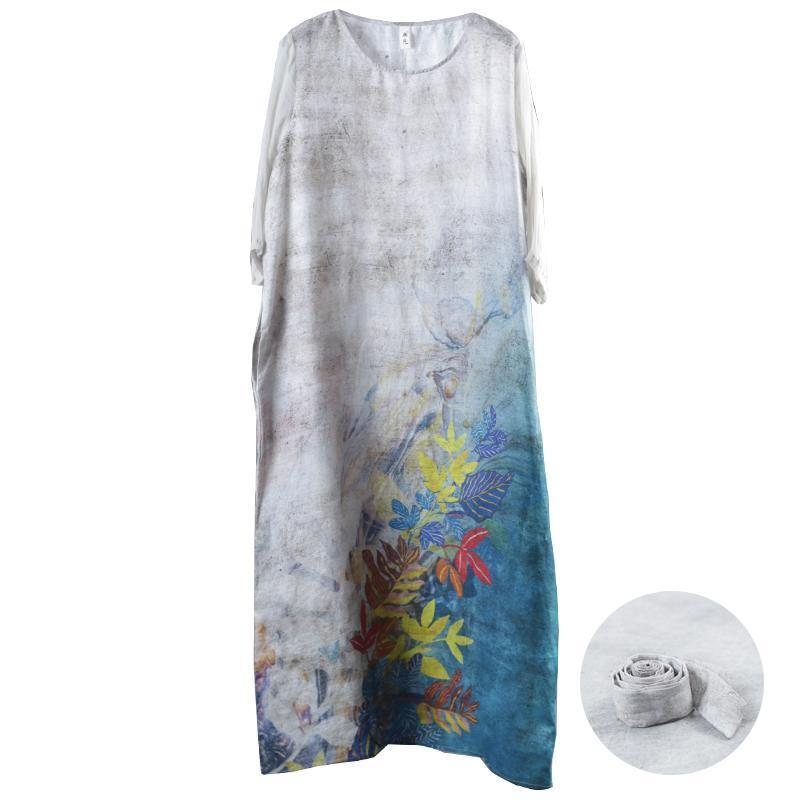 Vintage Leaf Print Casual Maxi Løs Kjole Med Belte