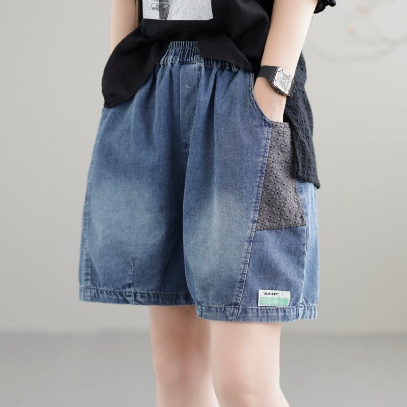 Dame Sommer Patchwork Retro Løs Denim Shorts I Bomull