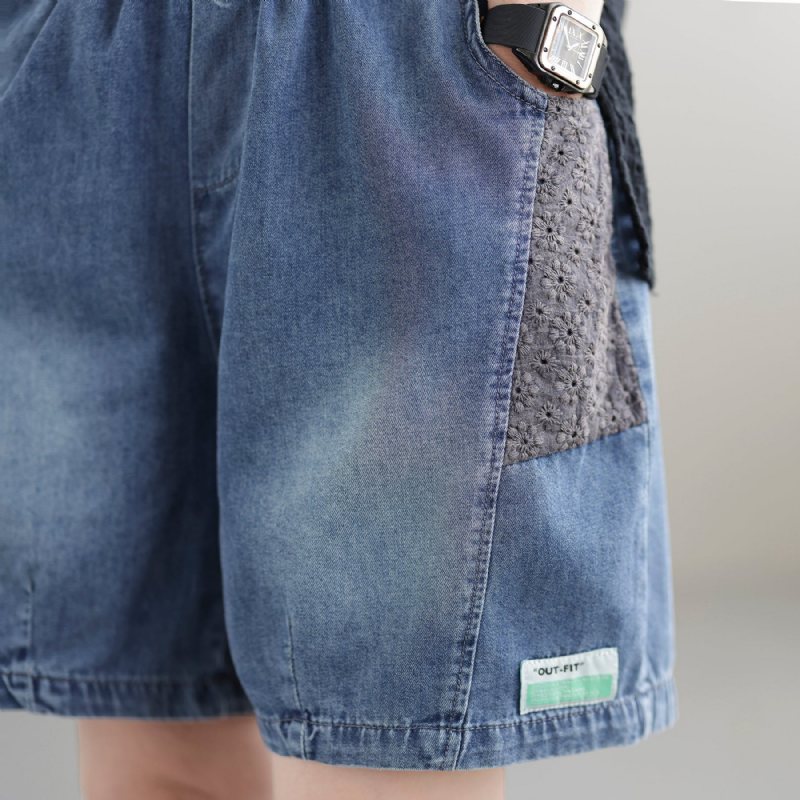 Dame Sommer Patchwork Retro Løs Denim Shorts I Bomull