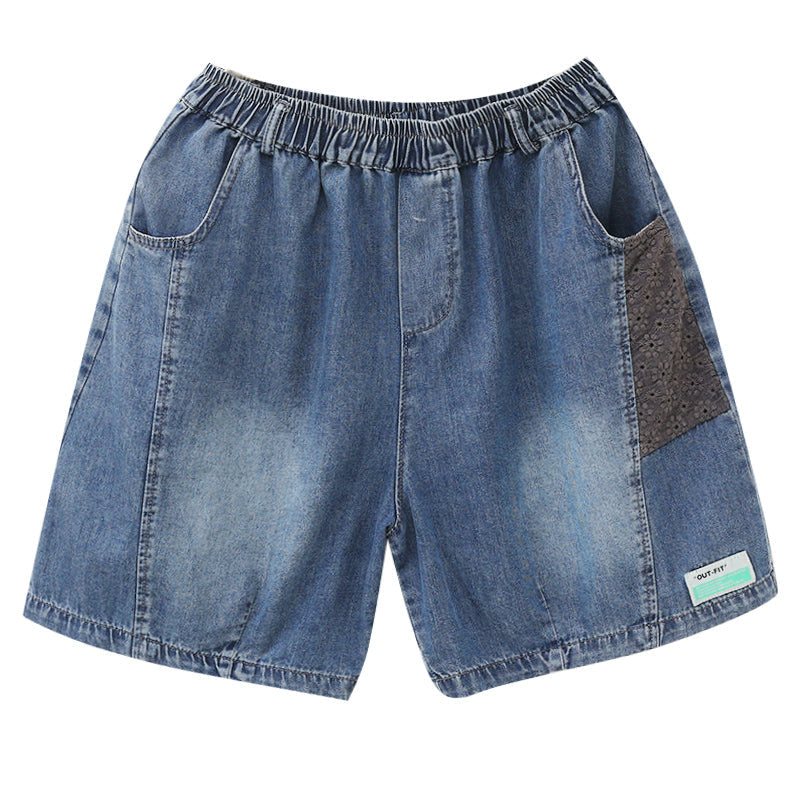 Dame Sommer Patchwork Retro Løs Denim Shorts I Bomull