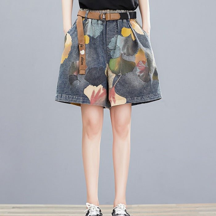 Dame Sommer Retro Floral Printed Denim Løse Shorts