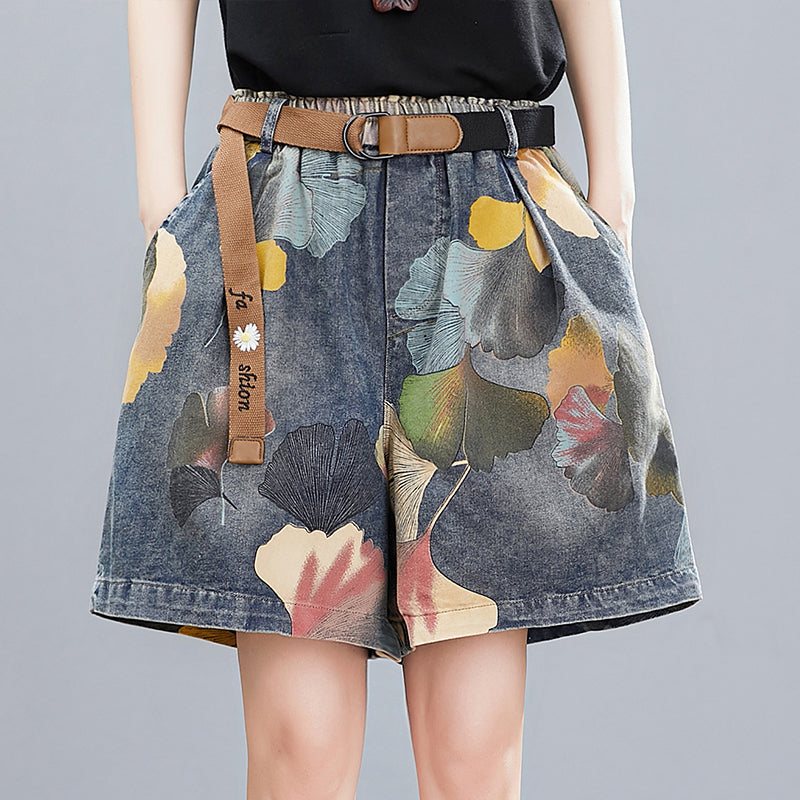 Dame Sommer Retro Floral Printed Denim Løse Shorts