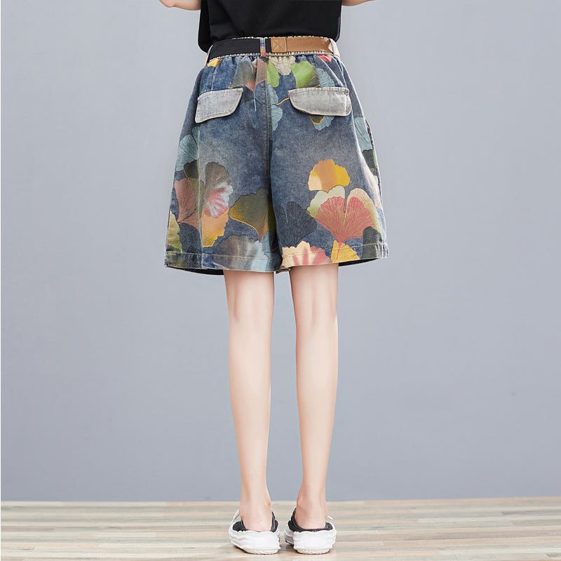 Dame Sommer Retro Floral Printed Denim Løse Shorts