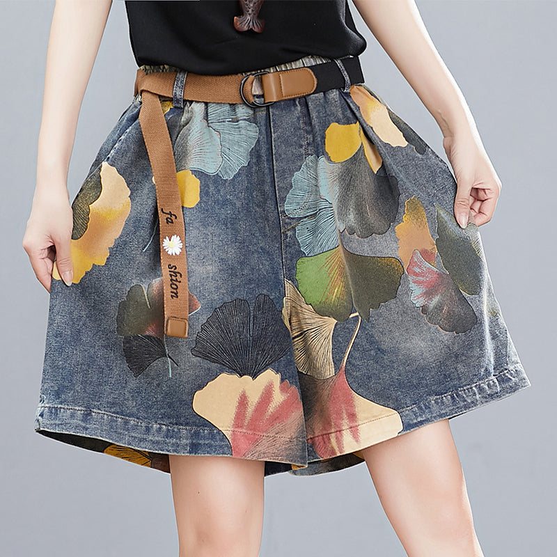 Dame Sommer Retro Floral Printed Denim Løse Shorts