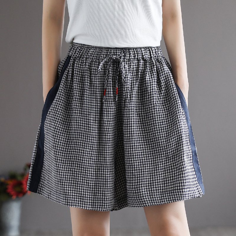 Dame Sommer Retro Løse Linen Rutete Shorts