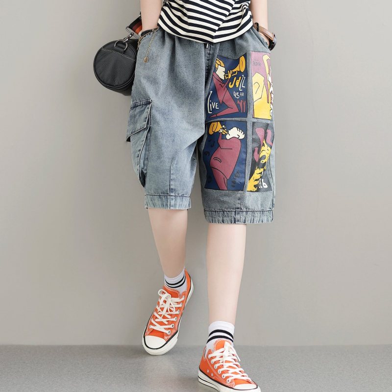 Sommer Loose Retro Printed Cotton Denim Shorts