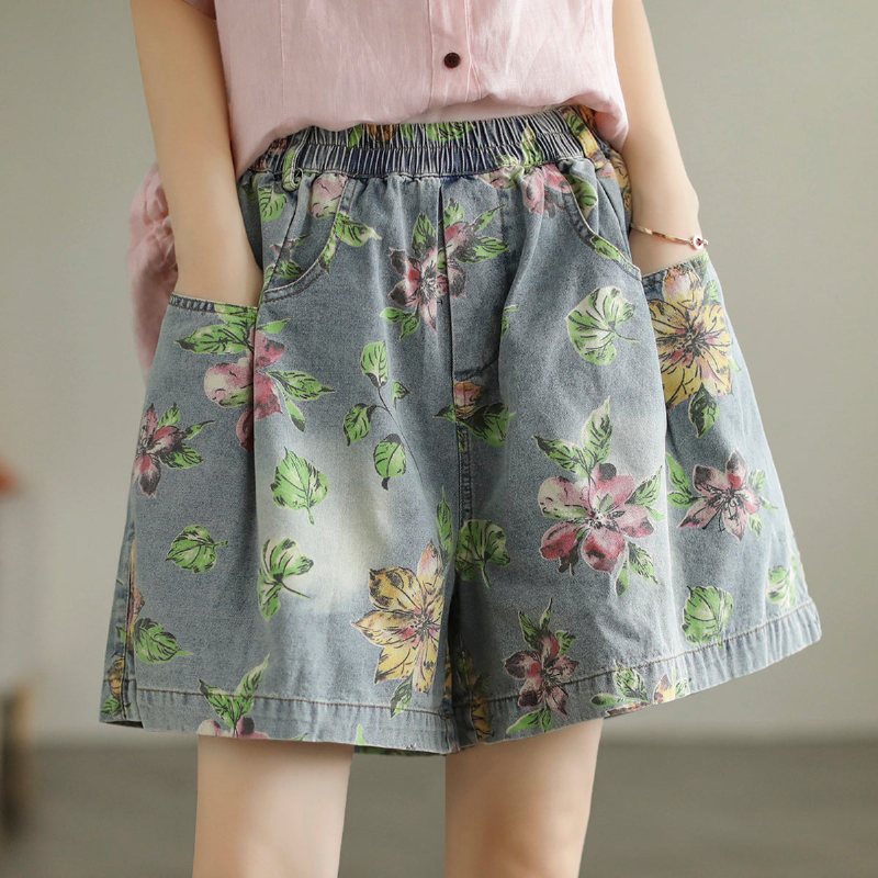 Sommer Løse Kvinner Floral Printed Bomull Denim Shorts