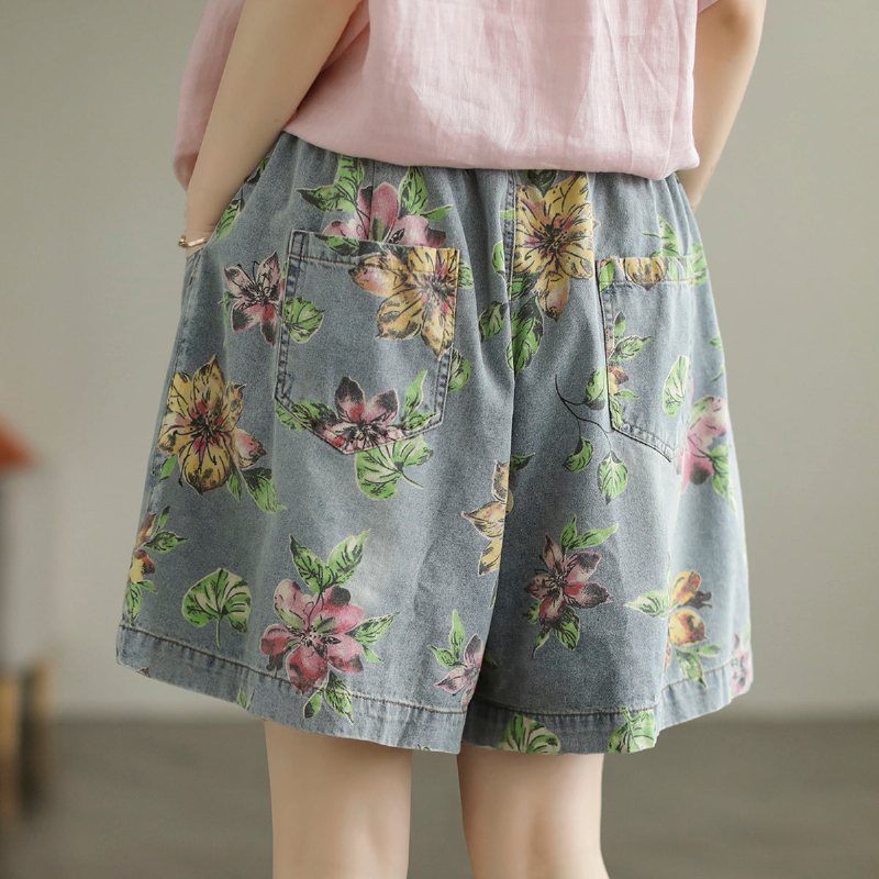 Sommer Løse Kvinner Floral Printed Bomull Denim Shorts