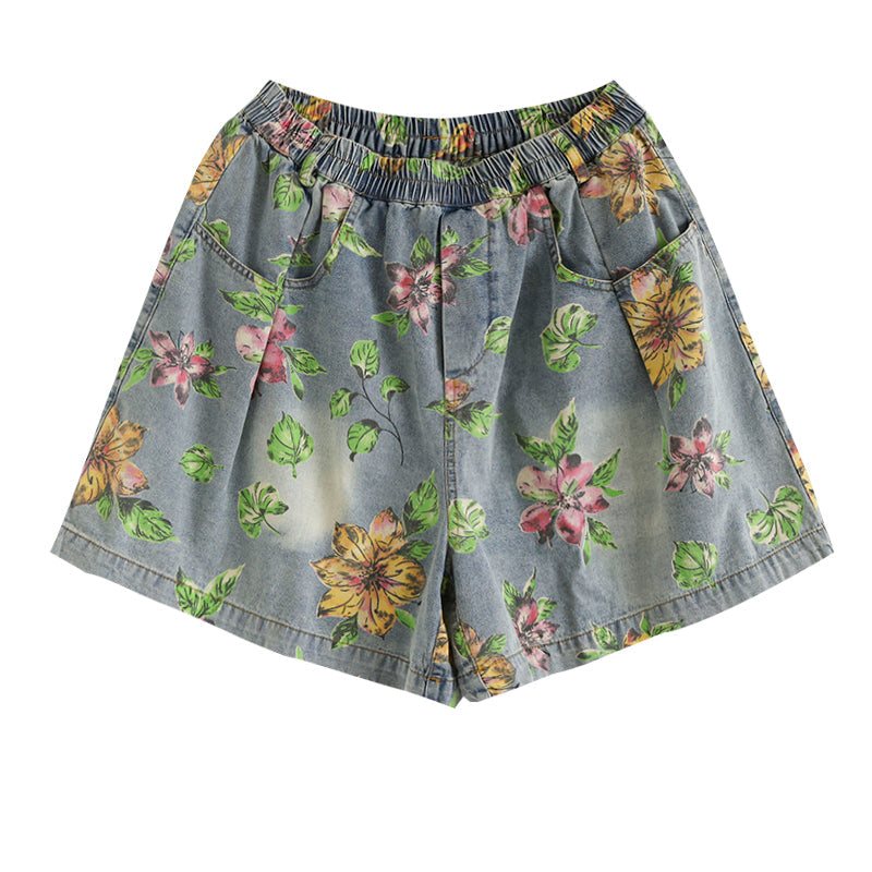 Sommer Løse Kvinner Floral Printed Bomull Denim Shorts