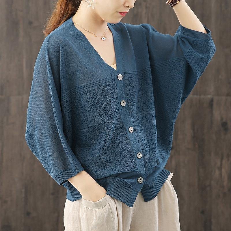 2022 Casual Strikket 3/4-ermet V-hals Flaggermusermet Cardigan