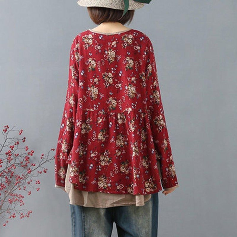 Blomster Vintage Panel Løs Casual Cardigan Bluse