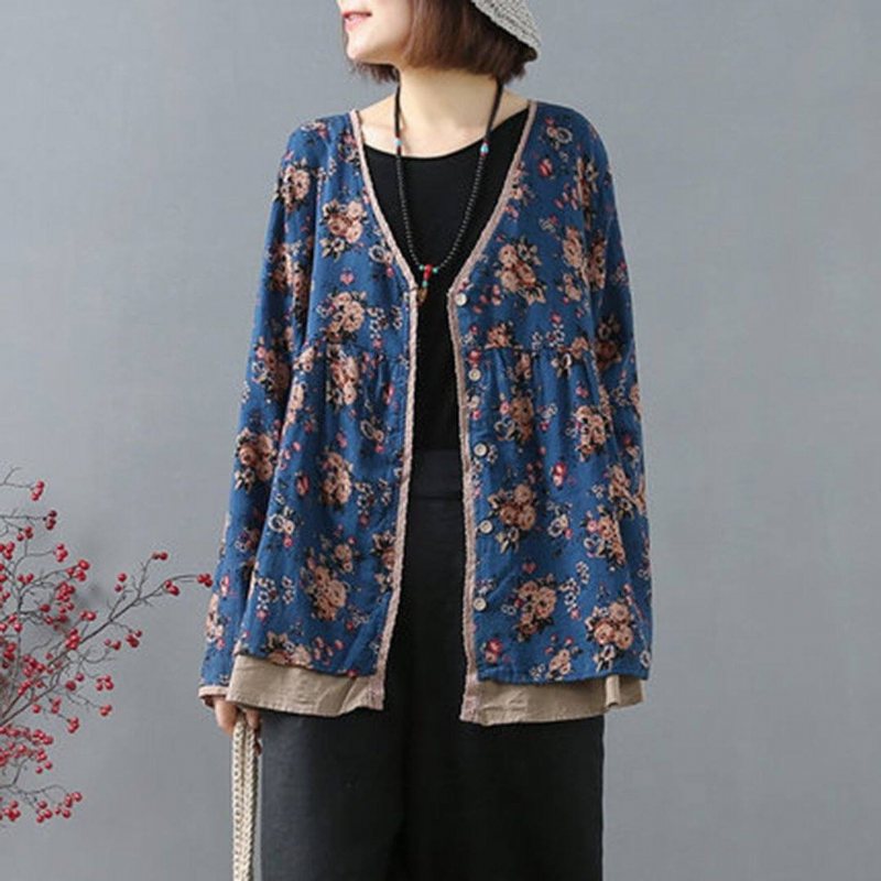 Blomster Vintage Panel Løs Casual Cardigan Bluse