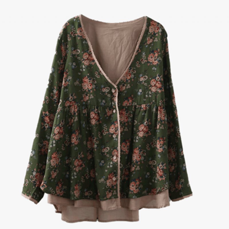 Blomster Vintage Panel Løs Casual Cardigan Bluse